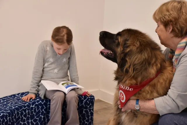 Der Lesehund hört dem Kind aufmerksam zu, ohne es zu korrigieren. Foto: Johanniter