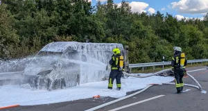 Die Feuerwehr löschte das brennende Fahrzeug. Foto: Feuerwehr